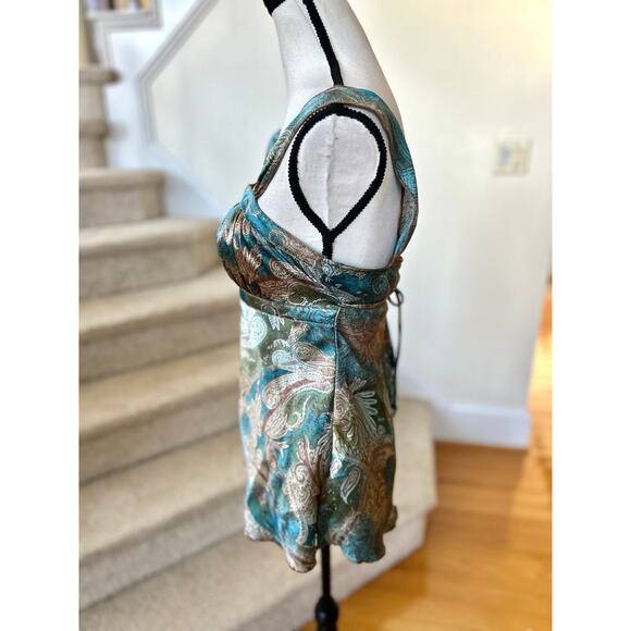 Vintage Y2K Self Esteem Teal Brown Satin Paisley Baby Doll Tank Top Regency - Picture 3 of 5